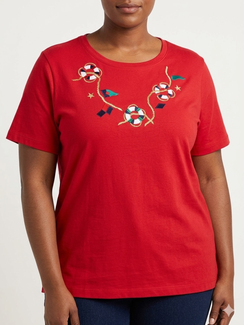 Vintage Bobbie Brooks Red Embroidered Nautical Tee 16W Padded Shoulders